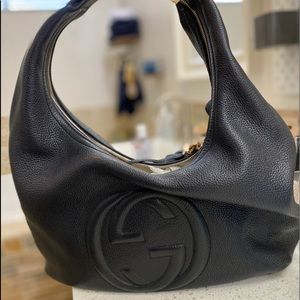 Gucci Black Pebbled Leather Gg Soho Tassel Hobo